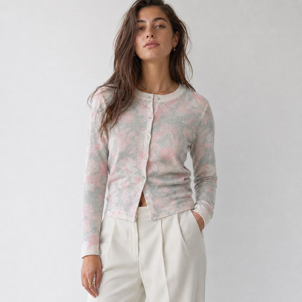 Zara 188/019/330 Floral Cardigan Womens S Gray Long Sleeve Button Crewneck NWOT